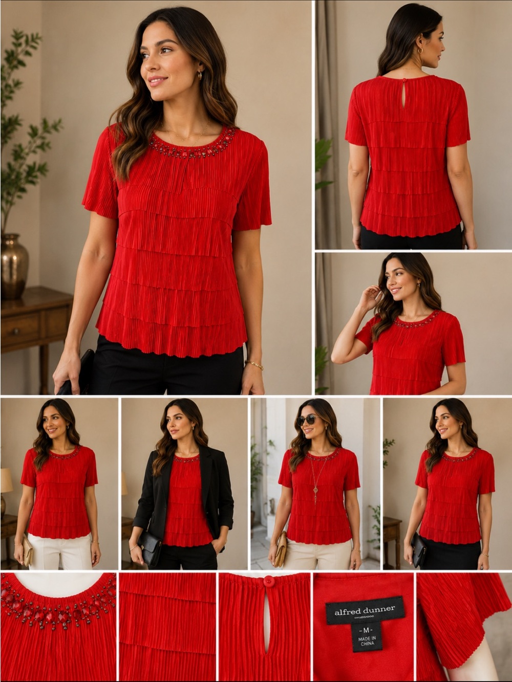 Red Embellished Neck Pleated Short Sleeve Top #37